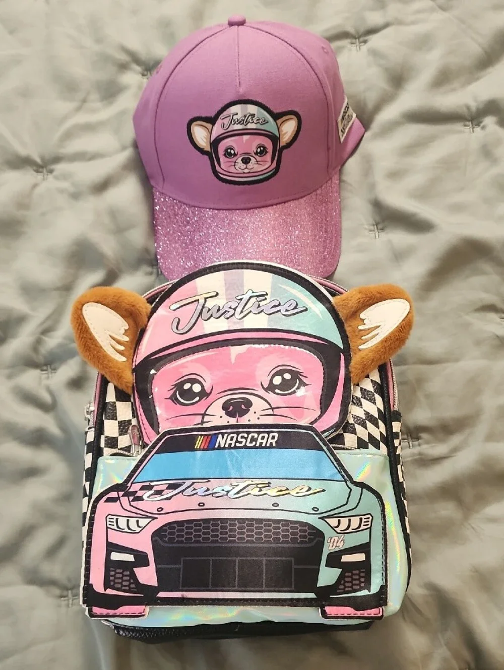 Justice Lavender & Pink Glitter Cap with Pastel Racer Dog Backpack